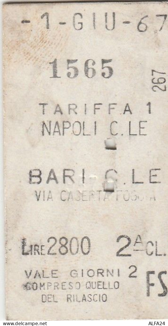 BIGLIETTO FERROVIARIO EDMONSON NAPOLI BARI L.2800 1967 (48F - Europe