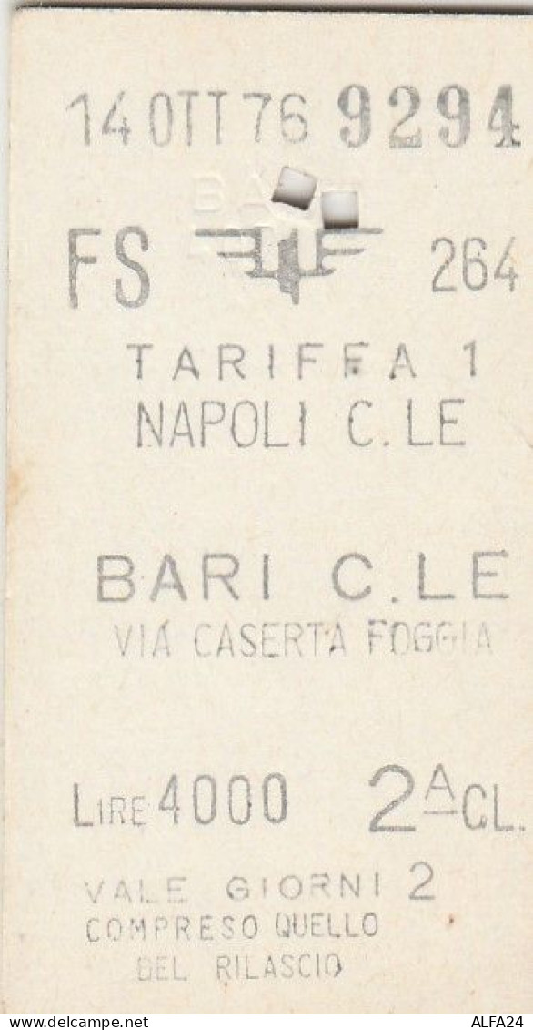 BIGLIETTO FERROVIARIO EDMONSON NAPOLI BARI 1976 L.4000 (50F - Europe