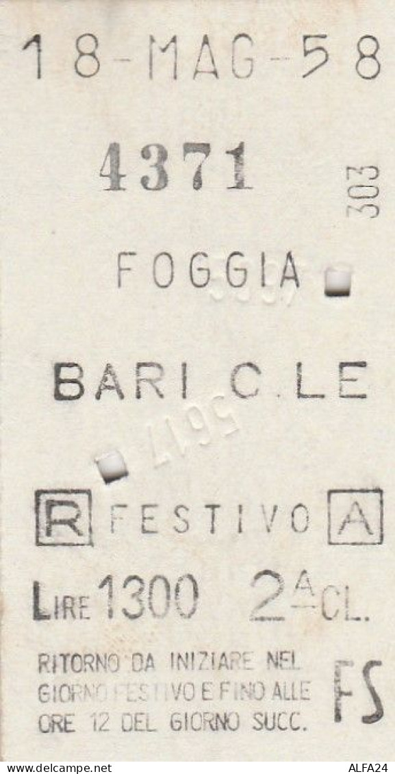 BIGLIETTO FERROVIARIO EDMONSON FOGGIA BARI FESTIVO L.1300 1958 (52F - Europe