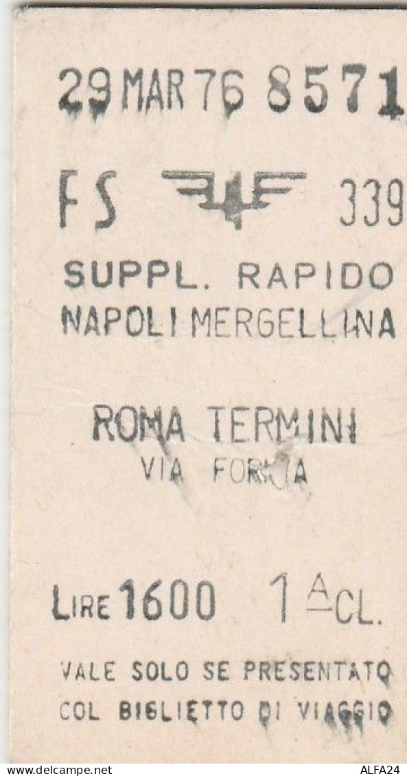 BIGLIETTO FERROVIARIO EDMONSON SUPLL. RAPIDO NAPOLI ROMA L.1600 1976 (62F - Europe