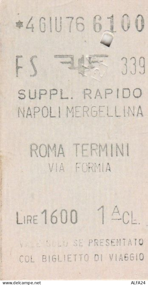 BIGLIETTO FERROVIARIO EDMONSON SUPLL.RAPIDO NAPOLI ROMA L.1600 1976 (84F - Europe