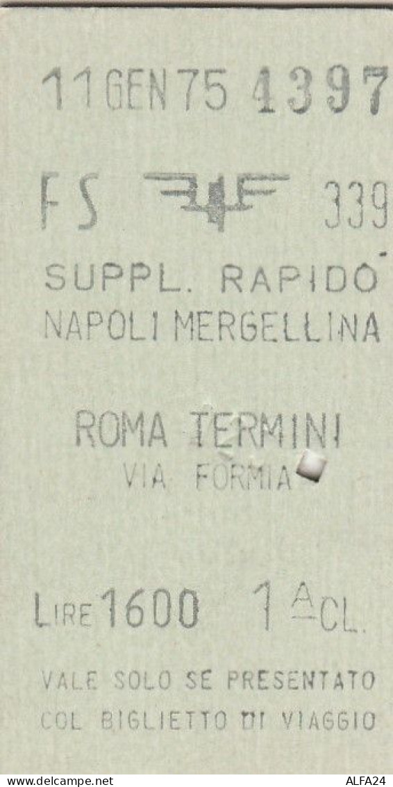 BIGLIETTO FERROVIARIO EDMONSON SUPPL.RAPIDO NAPOLI ROMA L.1600 1975 (91F - Europe