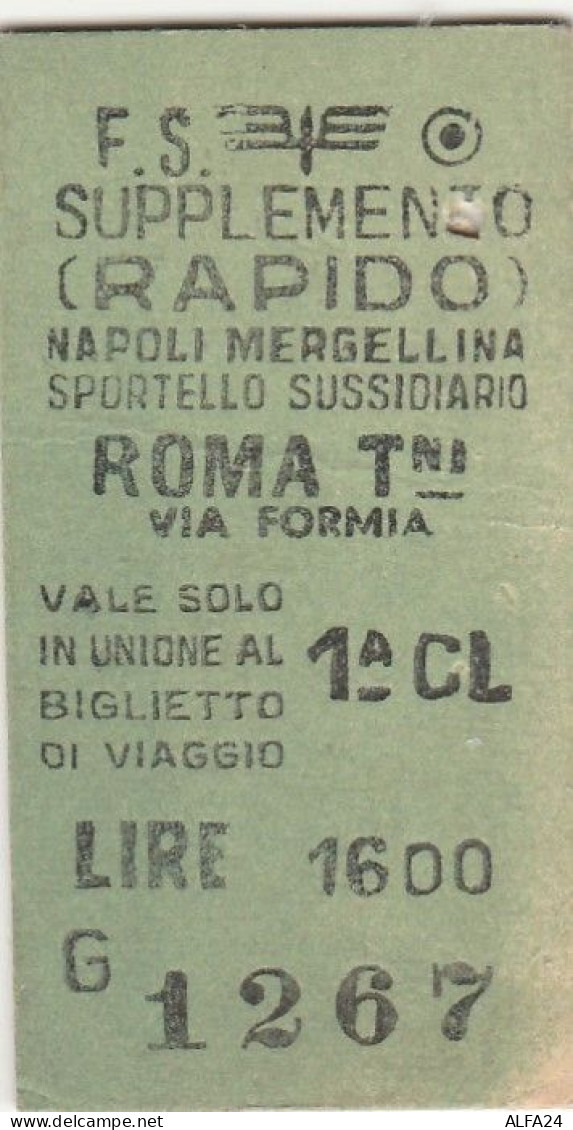 BIGLIETTO FERROVIARIO EDMONSON SUPPL.RAPIDO NAPOLI ROMA L.1600 1976 (110F - Europe