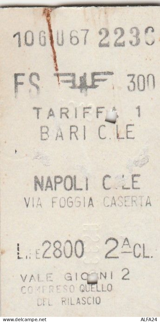 BIGLIETTO FERROVIARIO EDMONSON BARI NAPOLI L.2800 1967 (131F - Europe