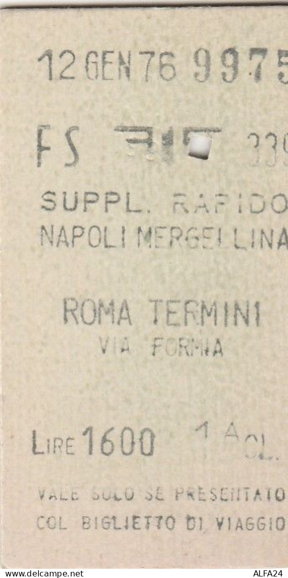 BIGLIETTO FERROVIARIO EDMONSON SUPPL RAPIDO NAPOLI ROMA L.1600 1976 (154F - Europe