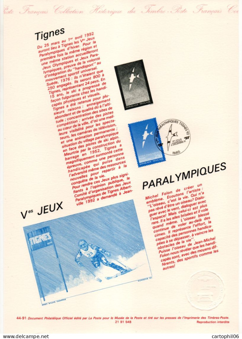 - Document Premier Jour JEUX PARALYMPIQUES DE TIGNES - PARIS 6.12.1991 - - Sport Voor Mindervaliden