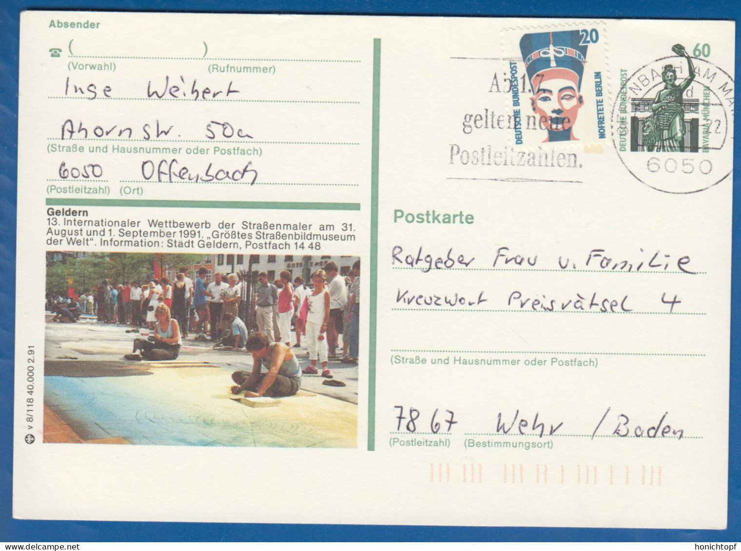 Deutschland; BRD; Postkarte; 20+60 Pf Bavaria München Und Nofretete; Geldern Strassenmalen 1991 - Illustrated Postcards - Used