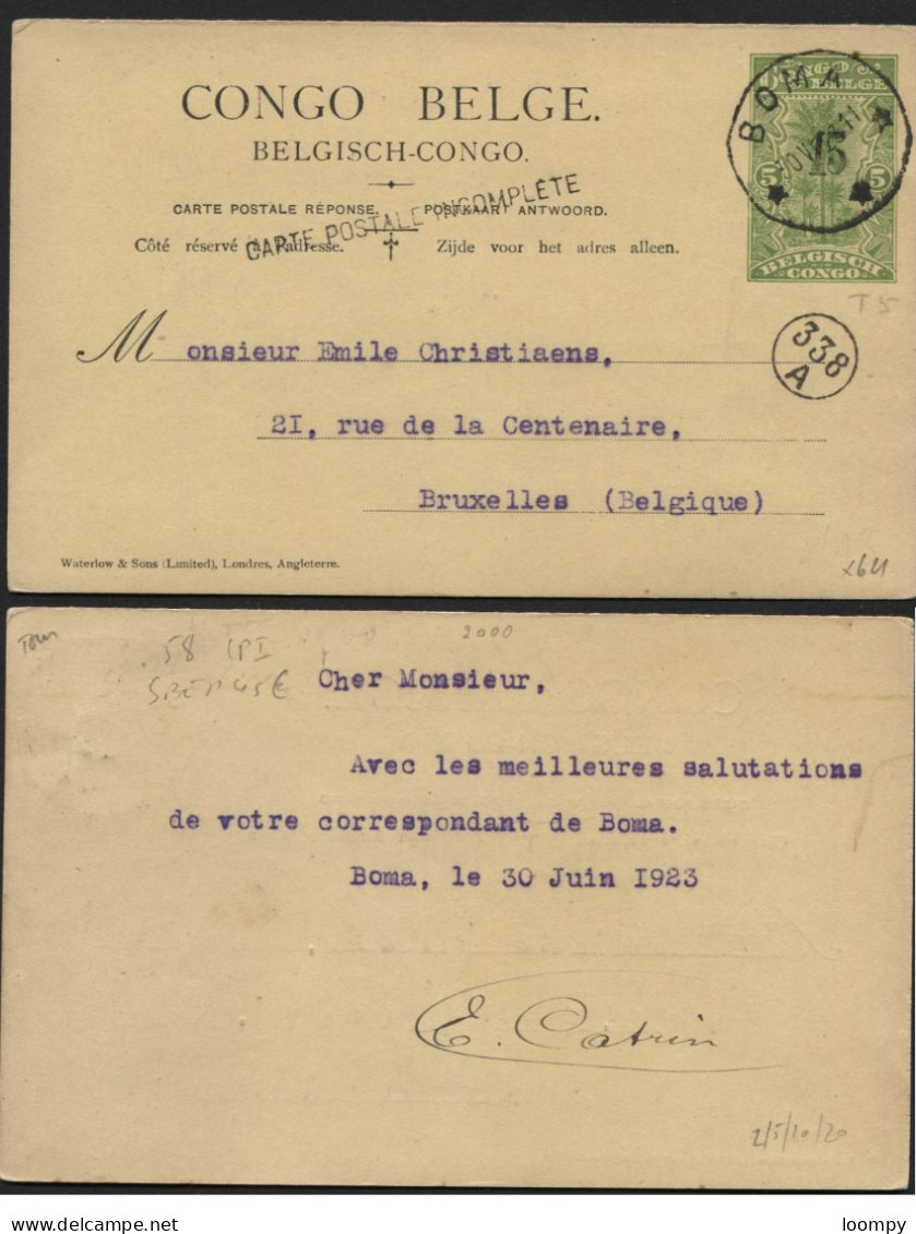 Entier CP 58 CARTE POSTALE INCOMPLETE Réponse Obl. BOMA Vers Bxl 1923. Cote SBEP 45€. TB (x621) - Stamped Stationery