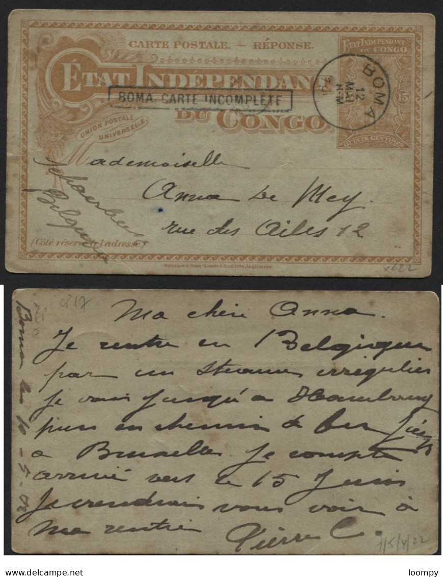 Entier CP 17 BOMA CARTE INCOMPLETE Réponse Obl. BOMA Vers Schaerbeek 1902 (x623) - Interi Postali