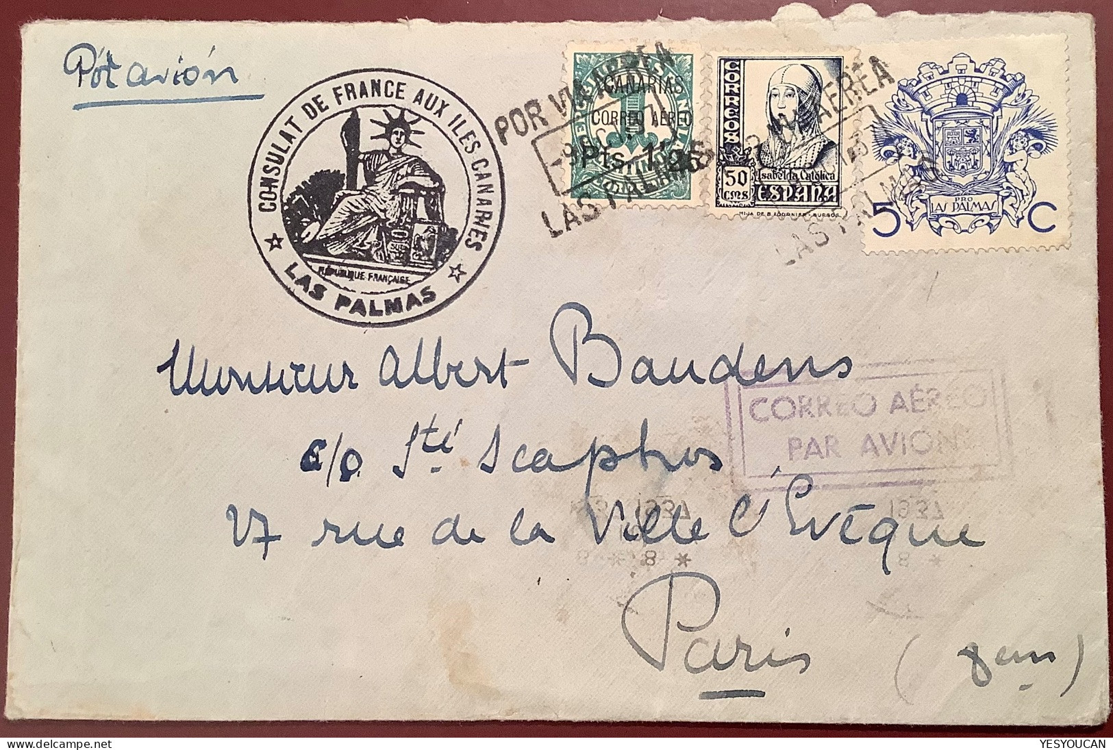 España 1937 „CANARIAS CORREO AÉRO“ Carta „Consulat De France Iles Canaries Las Palmas„(cover Spain Canary Islands Lettre - Emissioni Nazionaliste