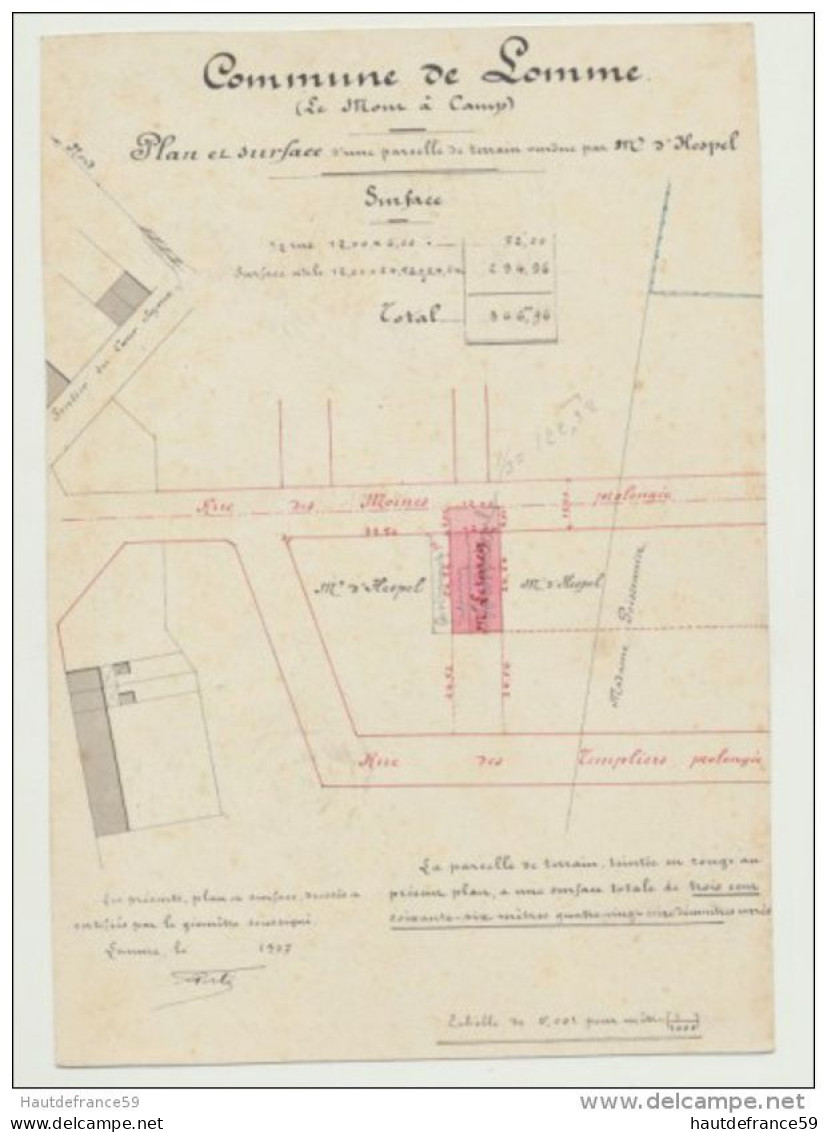 RARE Ancien Plan Original De Géomètre 1907 Commune LOMME MON A CAMP Plan & Surface Signé Perte Géomètre Prop D HESPEL - Topographical Maps