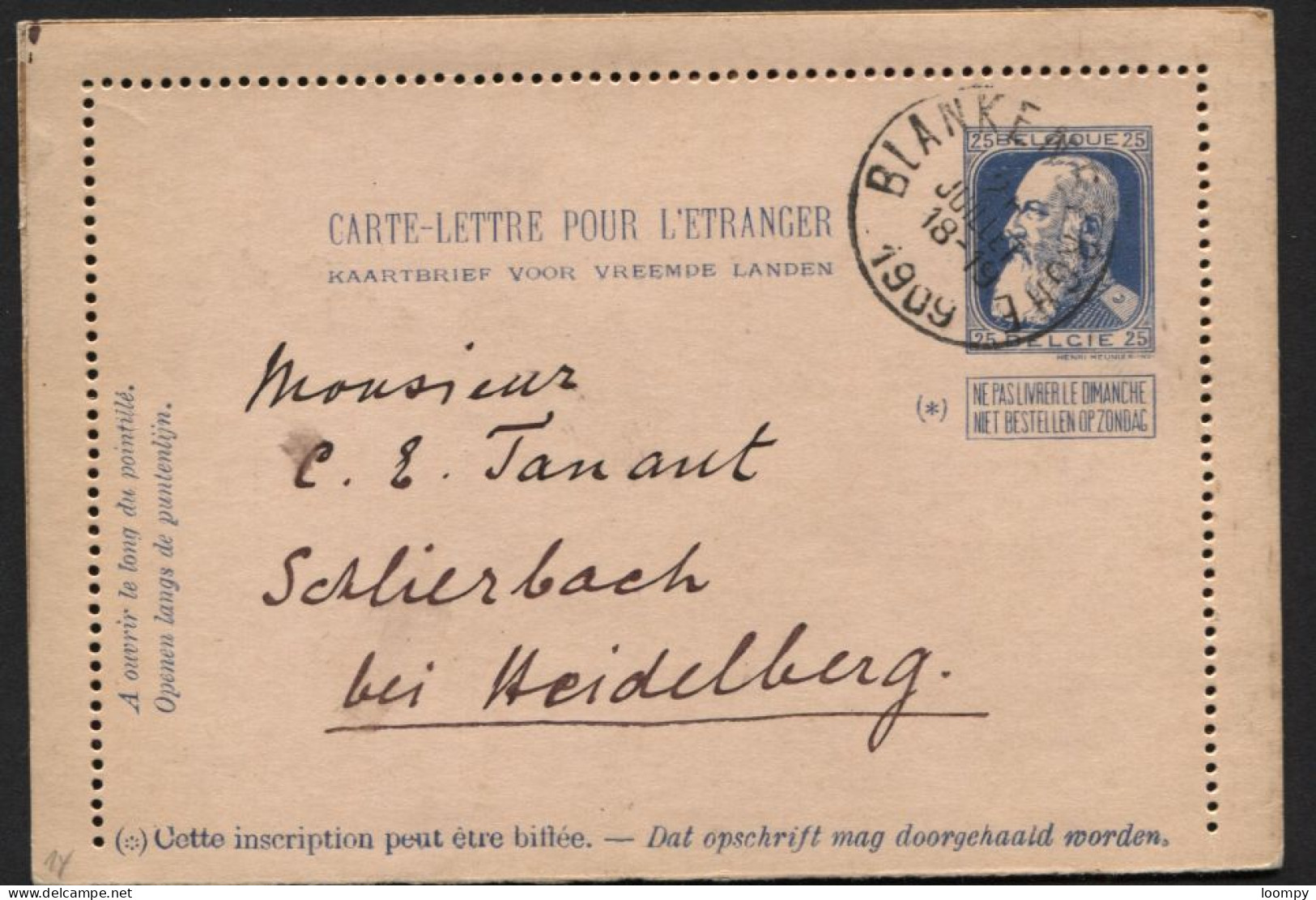 Entier Carte-lettre 13 Avec Bords BLANKENBERGHE Vers L'All. 1909. Ecrite. (x634) - Carte-Lettere