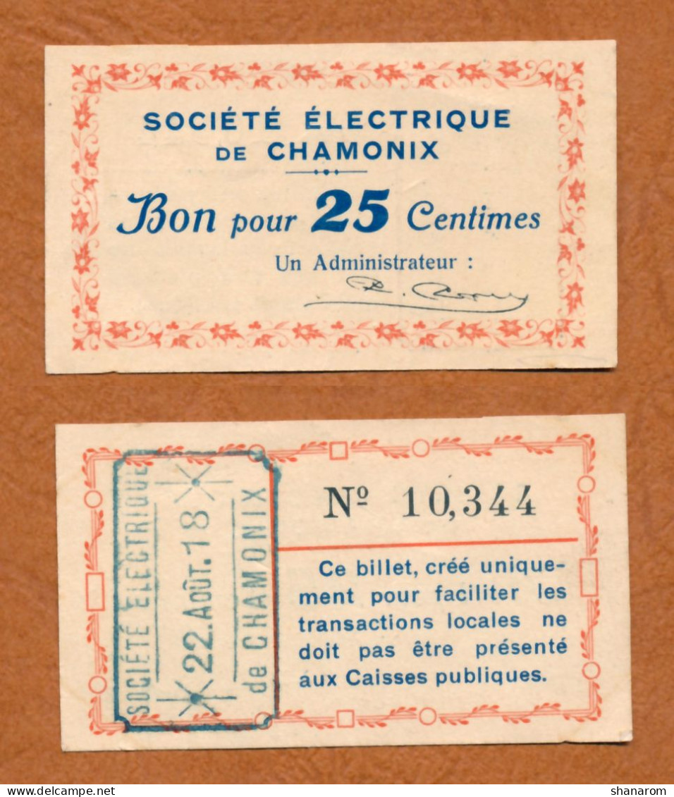 1914-1918 // Ville De CHAMONIX (74 Haute-Savoie) // 22 Août 1918 // SOCIETE ELECTRIQUE // Bon Pour Vingt Cinq Centimes - Notgeld