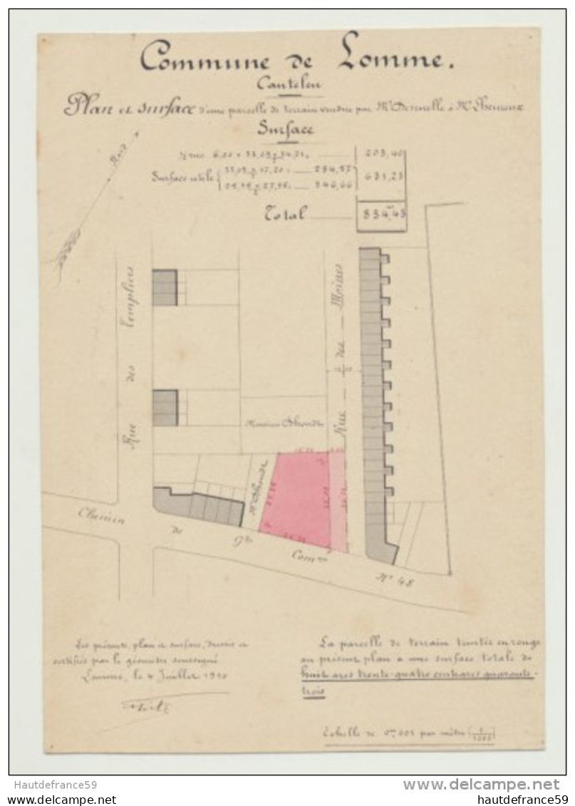 RARE Ancien Plan Original De Géomètre 1910 Commune LOMME CANTELEU Plan & Surface Signé Perte Géomètre Prop DESRUELLE - Mapas Topográficas