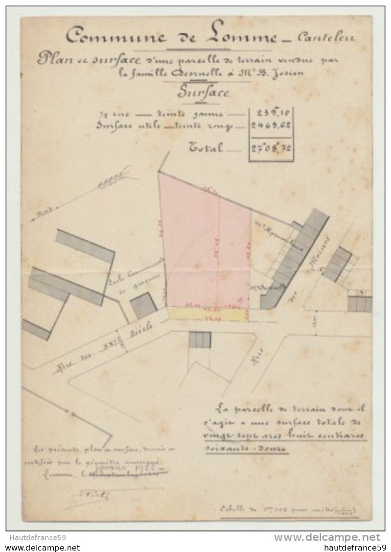 RARE Ancien Plan Original De Géomètre 1922 Commune LOMME  CANTELEU Plan & Surface Signé Perte Géomètre Prop DESRUELLE - Carte Topografiche