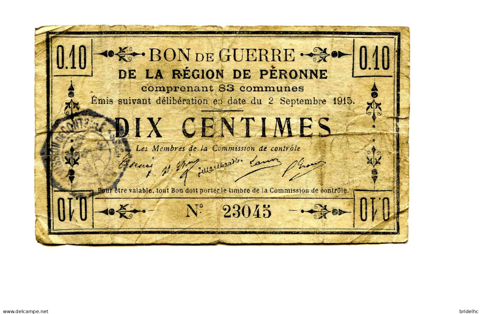 10 Centimes Bon De Guerre De La Région De Pèronne - Bons & Nécessité