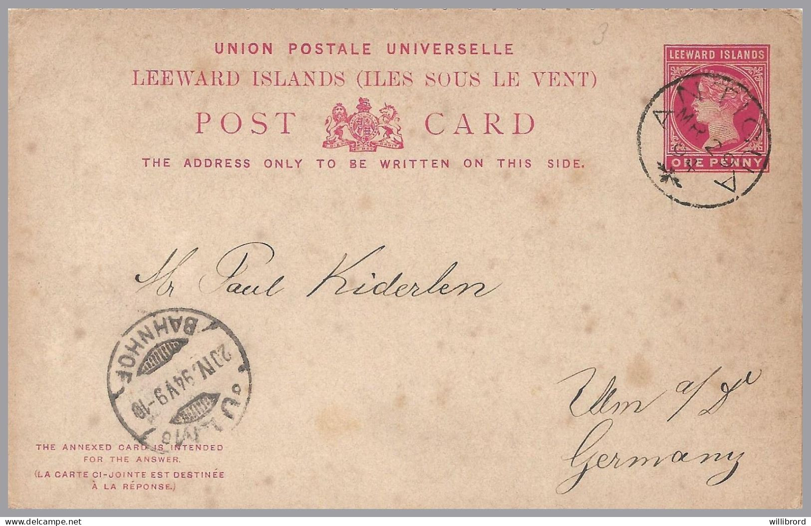 GREAT BRITAIN - LEEWARD ISLANDS - 1894 1d+1d QV Postal Stationery Card With Paid Reply - Antigua To Ulm, Germany - Storia Postale