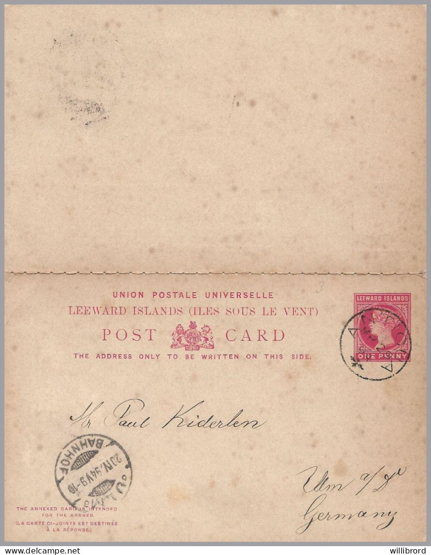GREAT BRITAIN - LEEWARD ISLANDS - 1894 1d+1d QV Postal Stationery Card With Paid Reply - Antigua To Ulm, Germany - Lettres & Documents