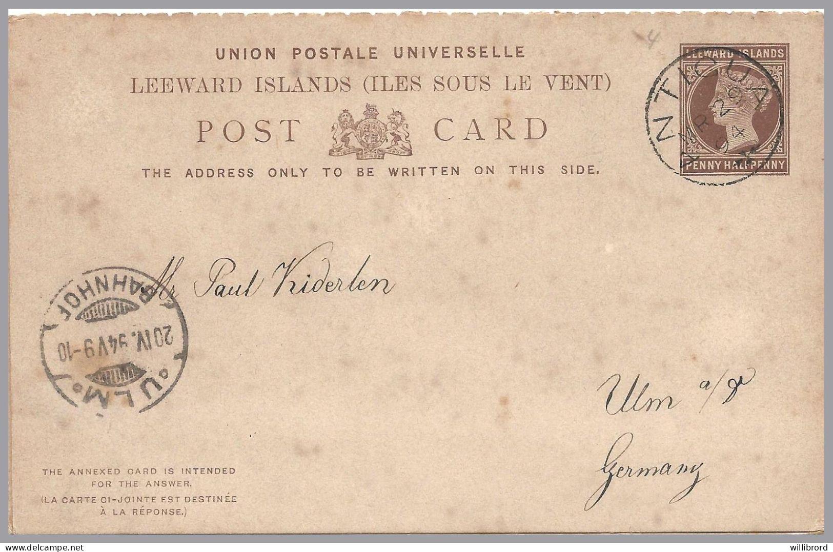 GREAT BRITAIN - LEEWARD ISLANDS - 1894 ANTIGUA 1½d+1½d QV Postal Stationery Card With Paid Reply - Used To Ulm, Germany - Lettres & Documents