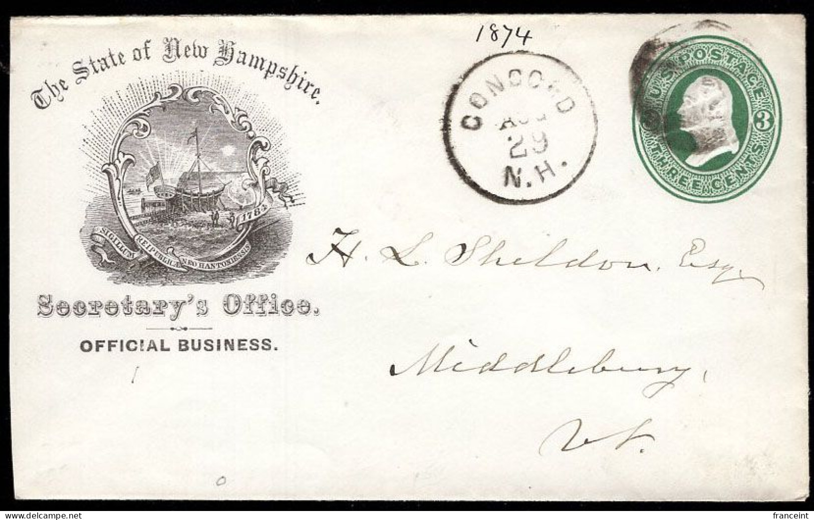 U.S.A.(1874) Ships. Sunrise. 3 Cent Postal Stationery From The State Of New Hampshire Secretary's Office. Beautiful Engr - ...-1900
