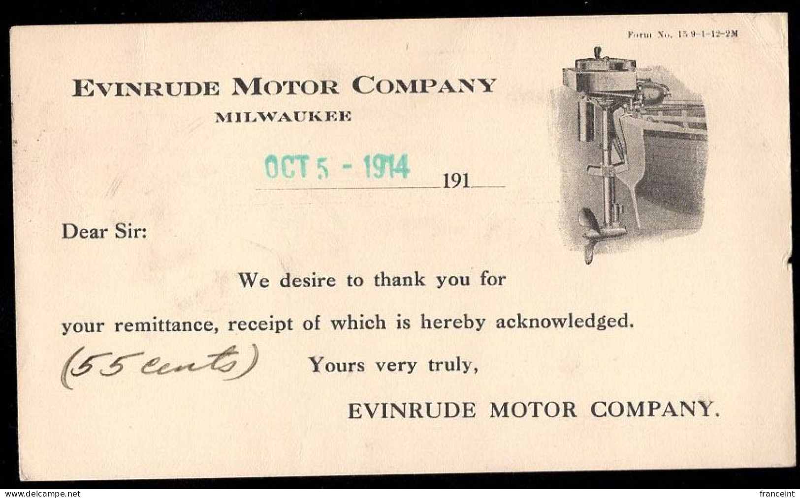 U.S.A.(1914) Outboard Motor. One Cent Postal Card With Illustrated Ad For Evinrude Motors. - 1901-20