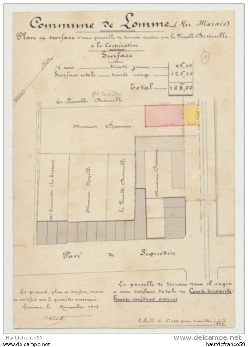 RARE Ancien Plan Original De Géomètre 1913 Commune LOMME  MARAIS Plan & Surface Signé Perte Géomètre Prop DESRUELLE - Carte Topografiche