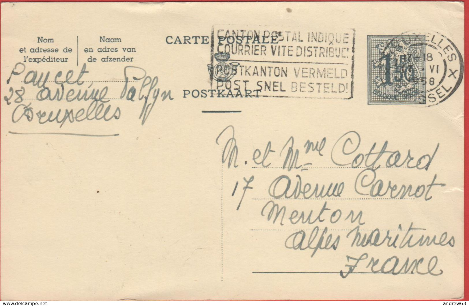 BELGIO - BELGIE - BELGIQUE - 1958 - 1,5F Lion Héraldique - Carte Entier Postale - Viaggiata Da Bruxelles Per Menton, Fra - Postcards 1951-..