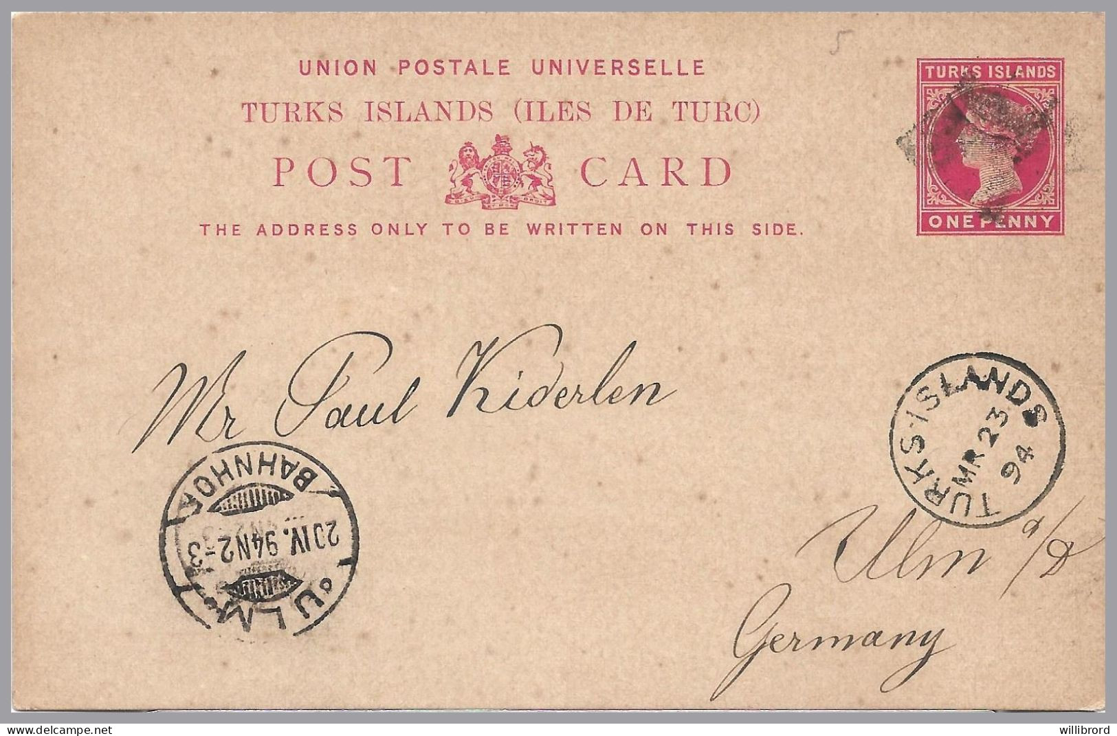 GREAT BRITAIN - TURKS ISLANDS - 1894 1d QV Postal Stationery Card - Used To Ulm, Germany - Cartas & Documentos