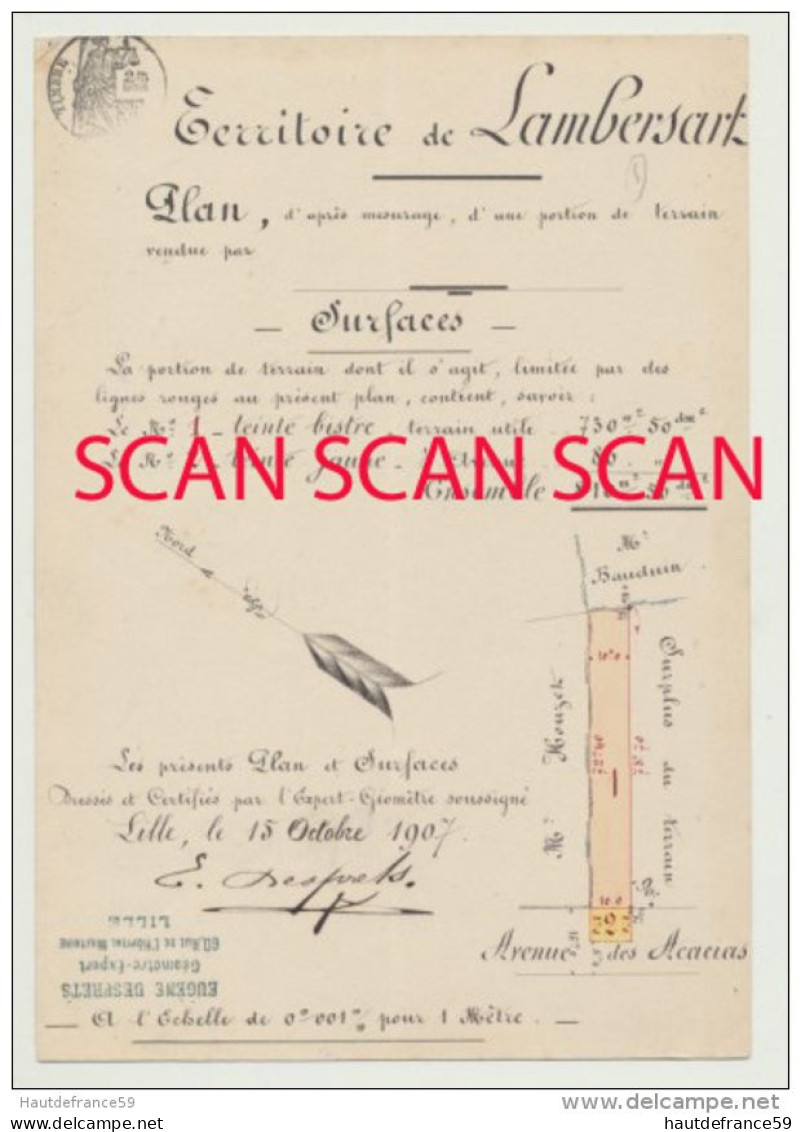 RARE Ancien Plan Original De Géomètre 1907 Territoire De LAMBERSART Plan & Surfaces Certifié Signé DESPRETS Lille - Cartes Topographiques