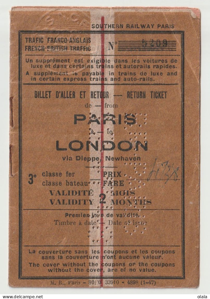 Billet Aller Retour De Paris à Londre Via Dieppe Southern Railway Paris 12 07 1948                Ia20 - Europe