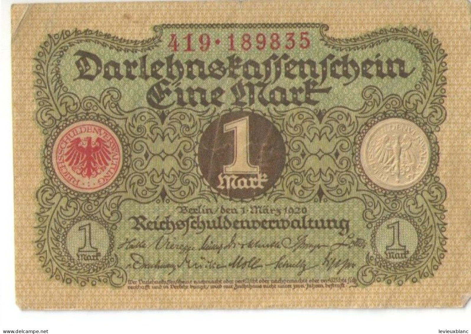 Allemagne / Billet De Fond D'Emprunt/Darlenhnskassenschein /Eine Mark/1 Mark/ Berlin / 1920         BILL263 - Other & Unclassified