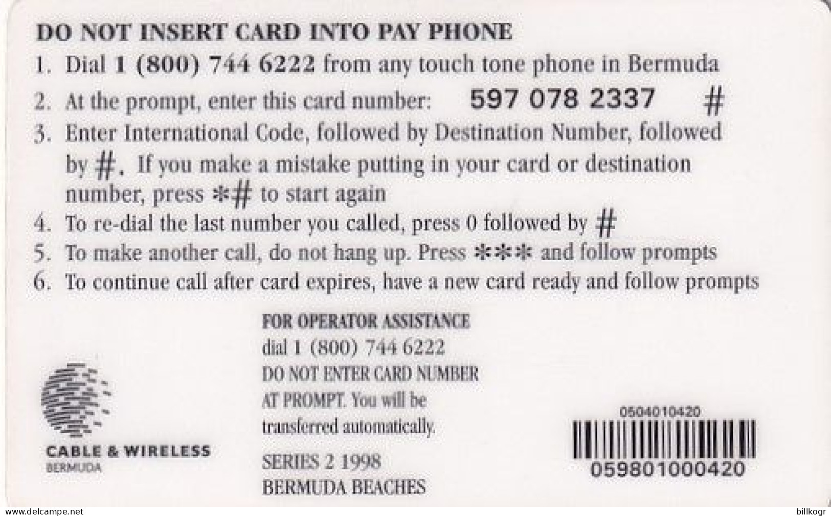BERMUDA ISL. - Horseshoe Bay, Cable & Wireless Prepaid Card $10, Used - Bermudes