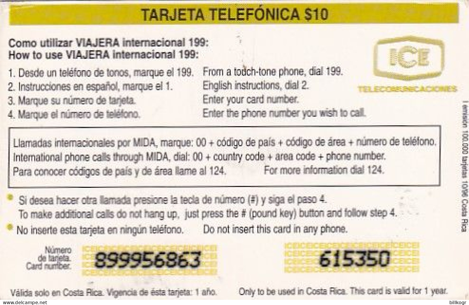 COSTA RICA - Parrot, ICE Prepaid Card $10, 10/96, Used - Perroquets