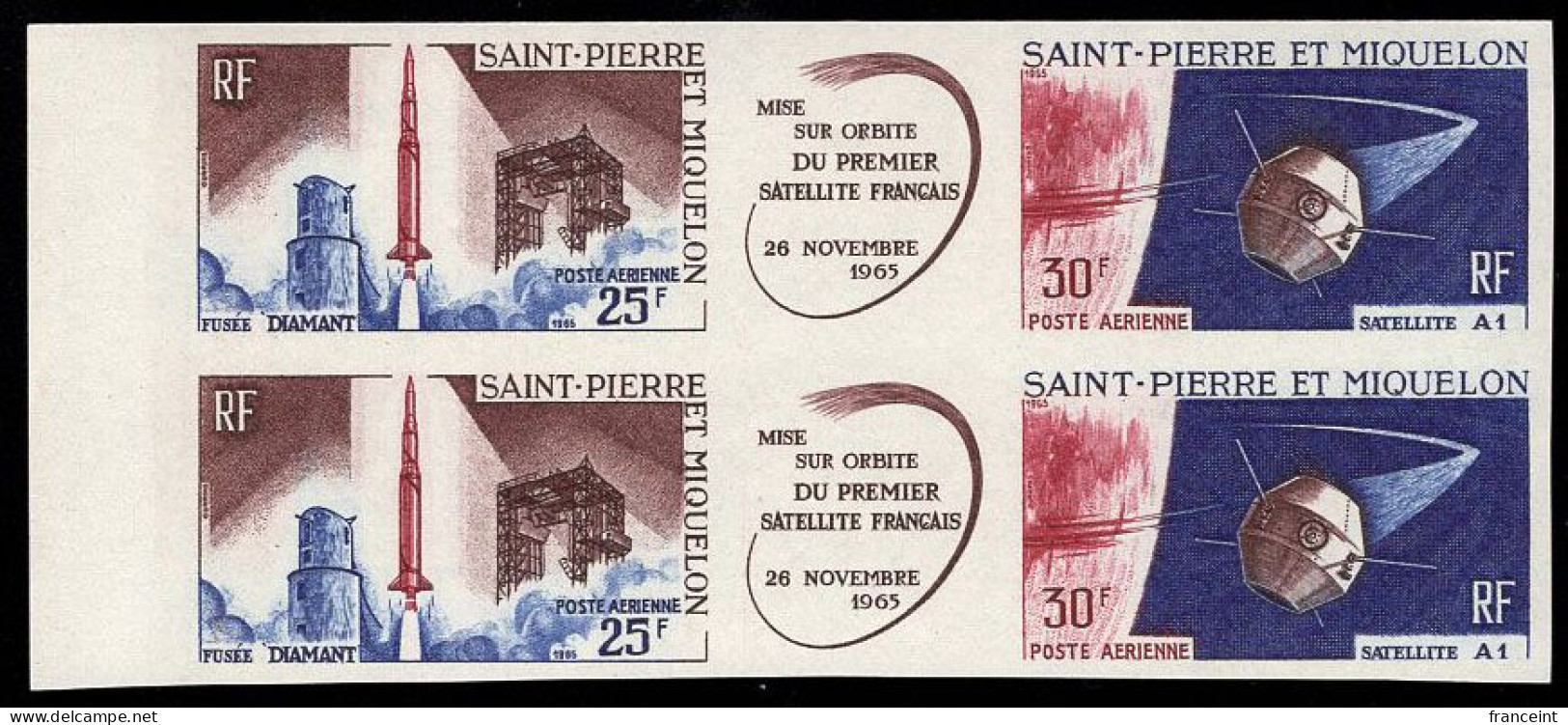 ST. PIERRE & MIQUELON(1966) Diamant Rocket. Satellite A-1. Imperforate Pair Of Triptych. Scott No C31a, Yvert No 34a. Da - Imperforates, Proofs & Errors