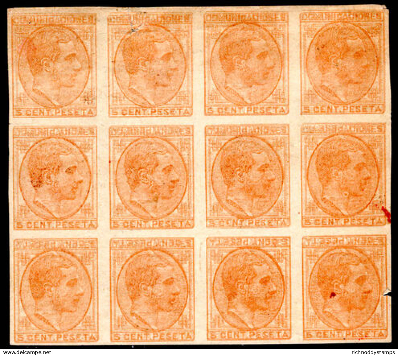 Spain 1878 5c Dull Orange Imperf Block Of 12. Frame Partly Inverted And Double Printed. Probably Printers Waste. - Unused Stamps