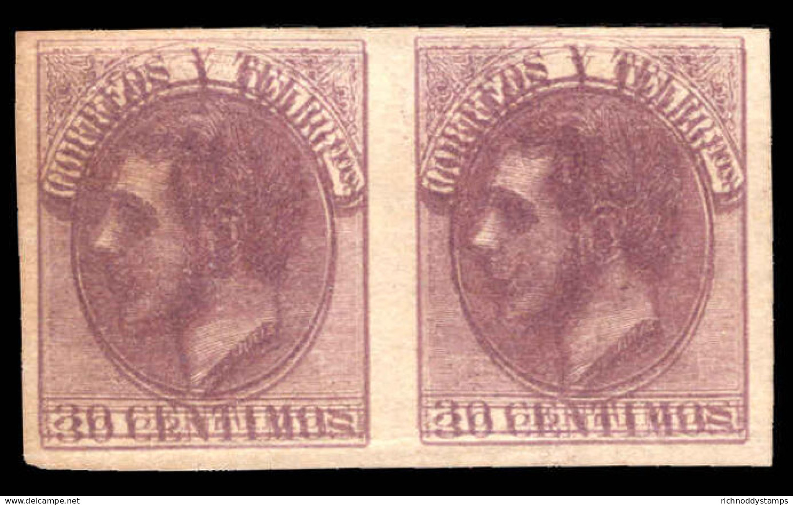 Spain 1882 30c Mauve Imperf Pair Double Printed. Probably Printers Waste. - Ungebraucht