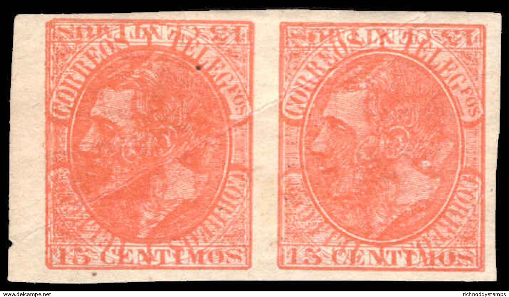 Spain 1882 15c Rosy-orange Imperf Pair Double Printed. Probably Printers Waste. - Neufs