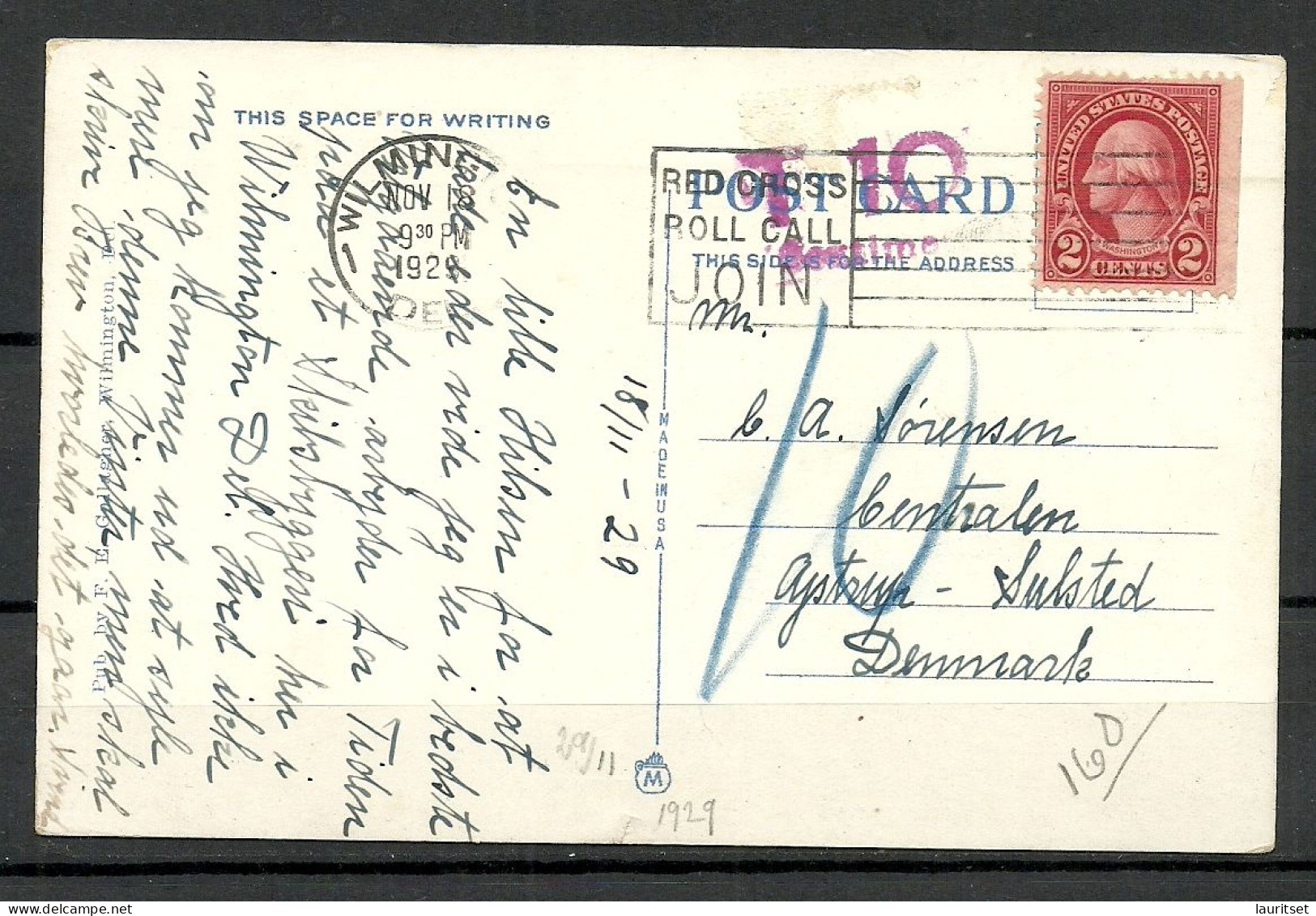 USA Post Office Wilmington Delaware, Used, Sent 1929 To Denmark Taxe Postage Due T 10 Centimes Nachporto - Wilmington