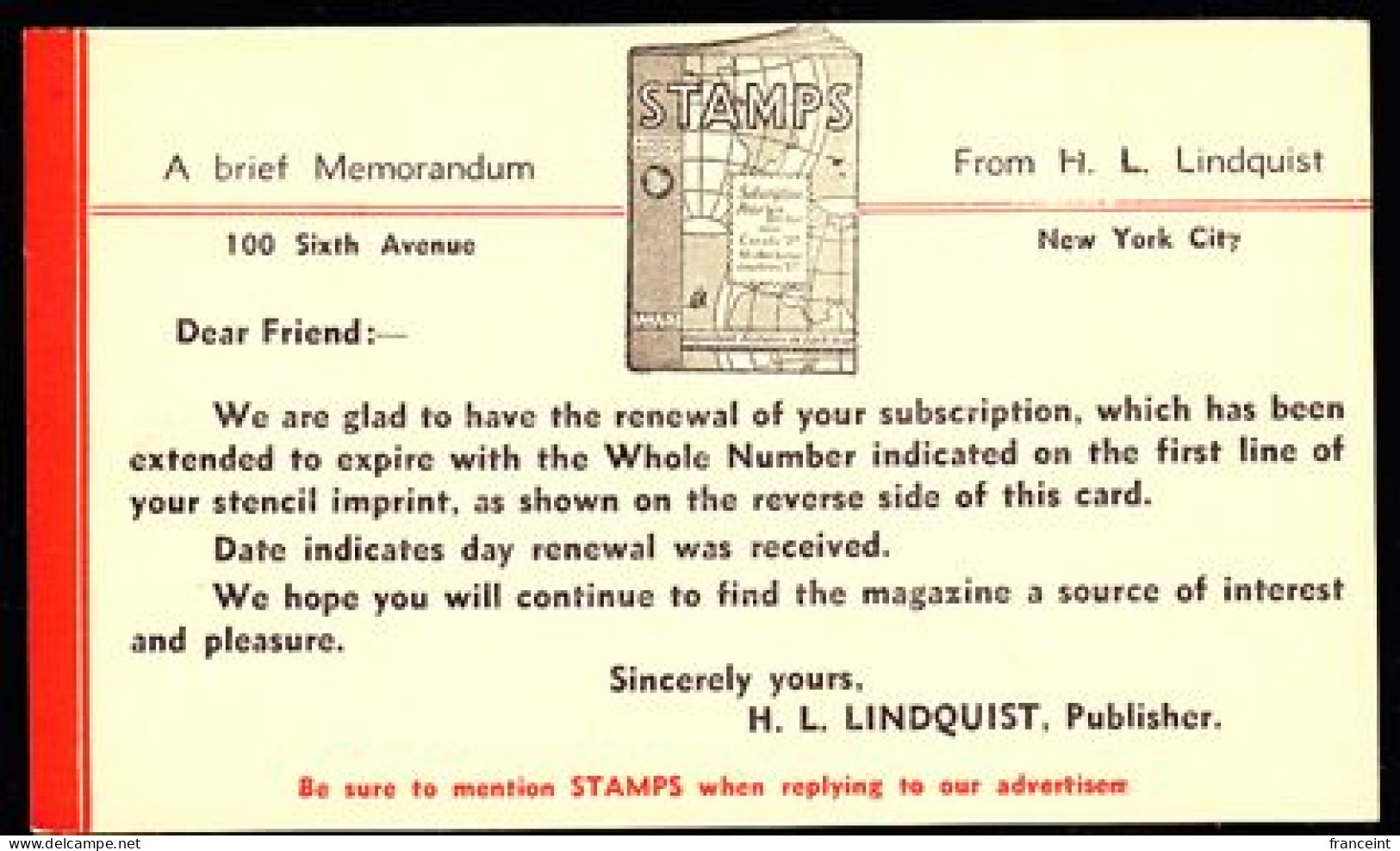 U.S.A.(1936) Stamp Magazine. One Cent Postal Card With Illustrated Ad For Subsription Renewal For Stamps Magazine. - 1921-40