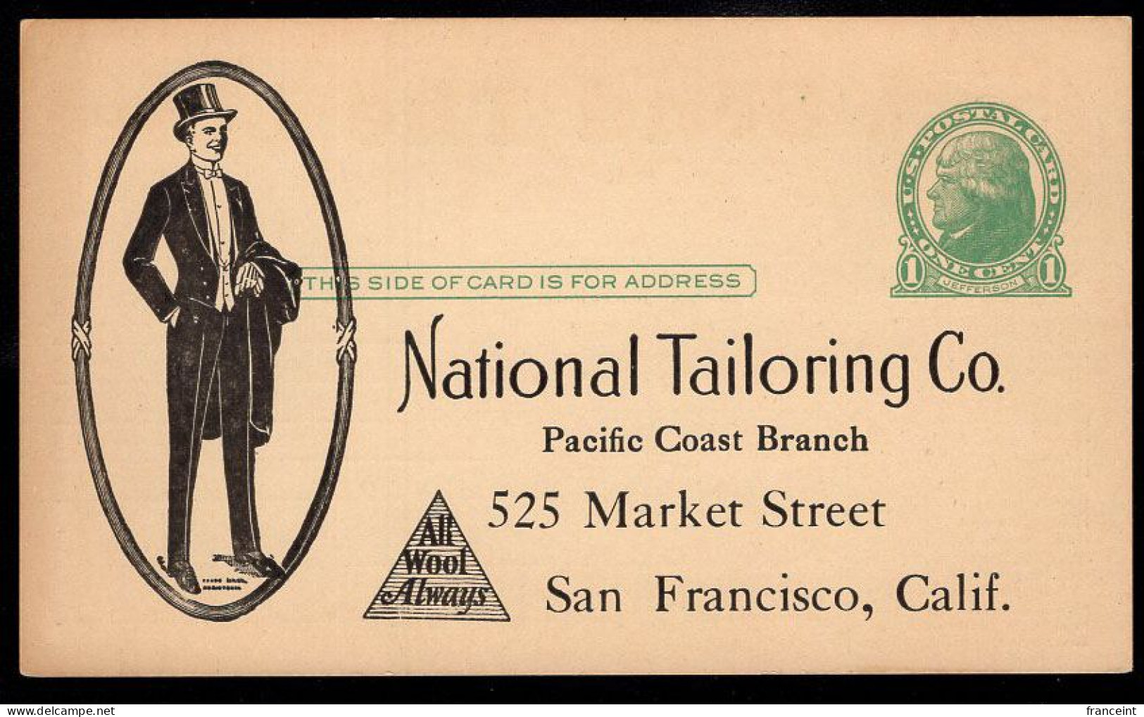 ETATS UNIS(1915) Homme En Tenue De Soirée. Entier Publicitaire à 1 Cent. "National Tailoring Co." - 1901-20