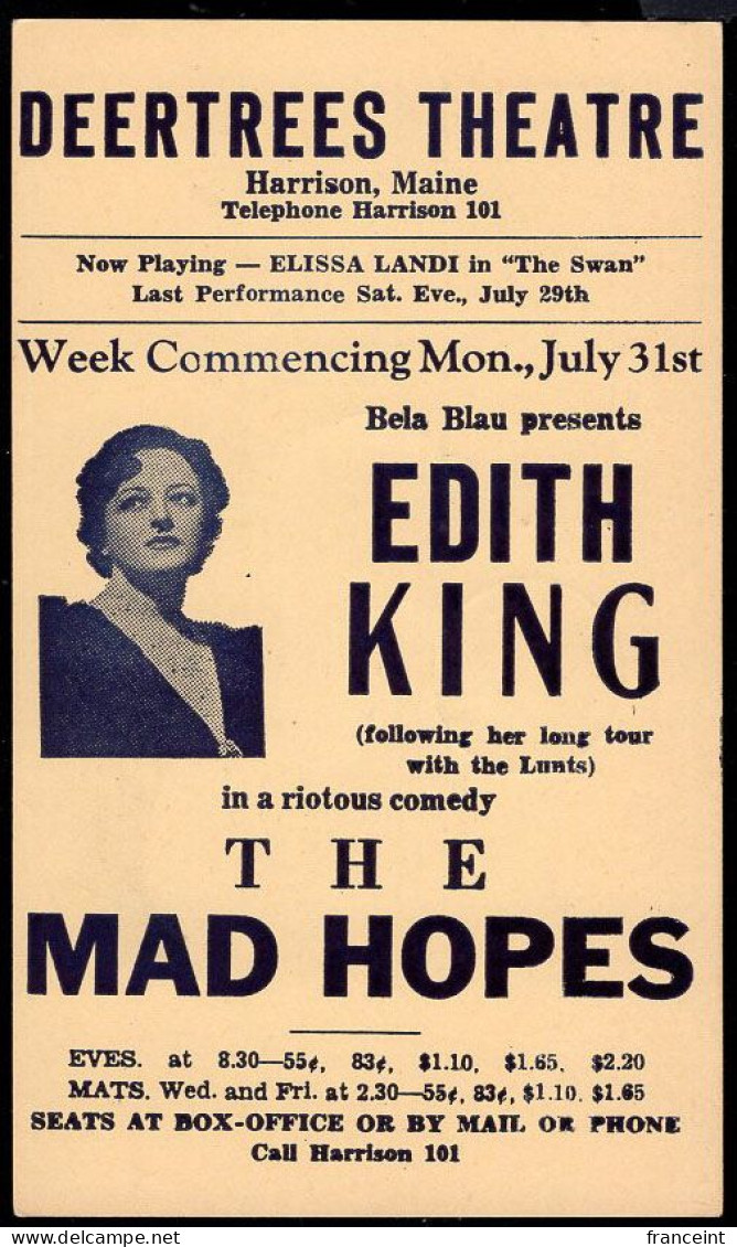 ETATS UNIS(1939) Edith King. Entier Publicitaire à 1 Cent: "Edith King Dans La Comédie 'The Mad Hopes'." - 1921-40