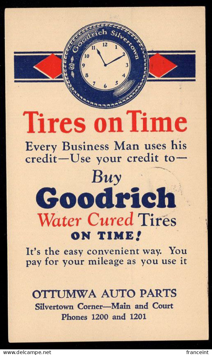 U.S.A.(1928) Clock Inside Tire. One Cent Postal Card With Bi-color Illustrated Ad For Goodrich Water-Cured Tires. - 1921-40