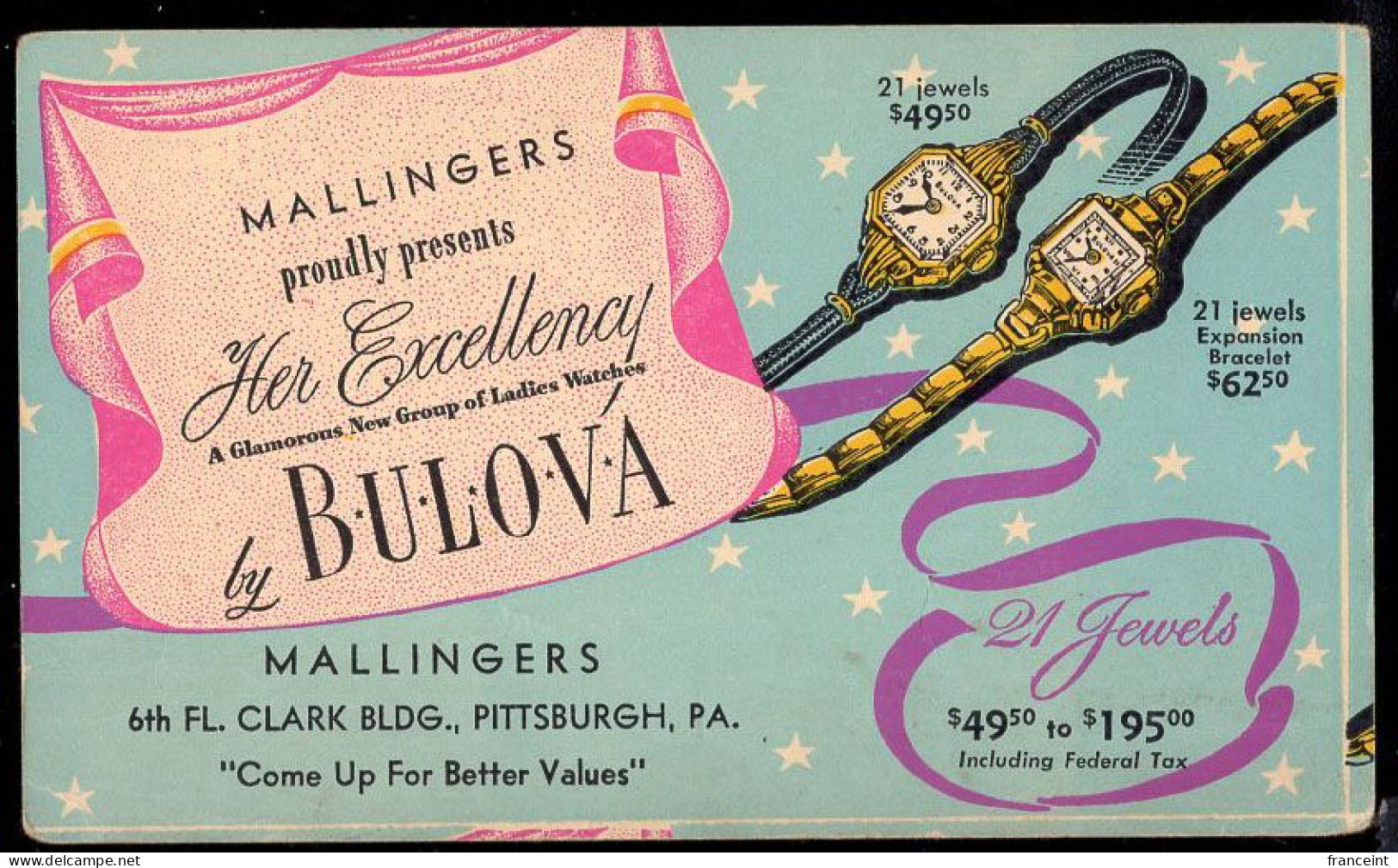 U.S.A.(1948) Bulova Watches. One Cent Postal Card With Multi-color Illustrated Ad For Bulova Watches. - 1941-60