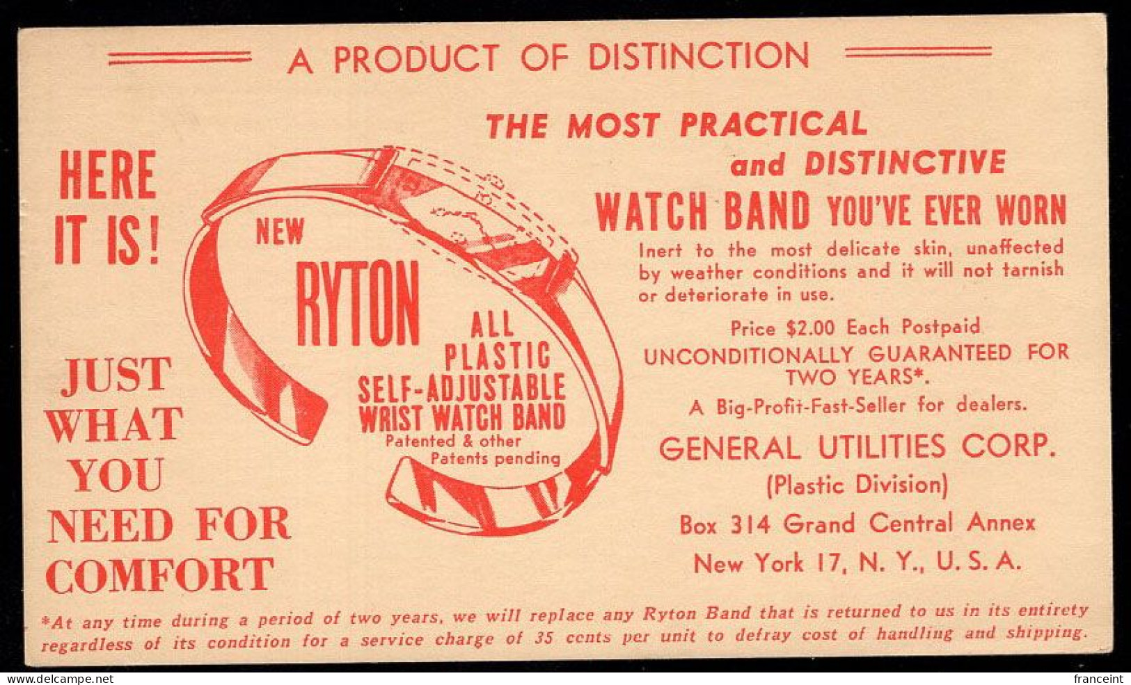 U.S.A.(1951) Watchband. One Cent Postal Card With Advertising. "General Utilities Corp." - 1941-60