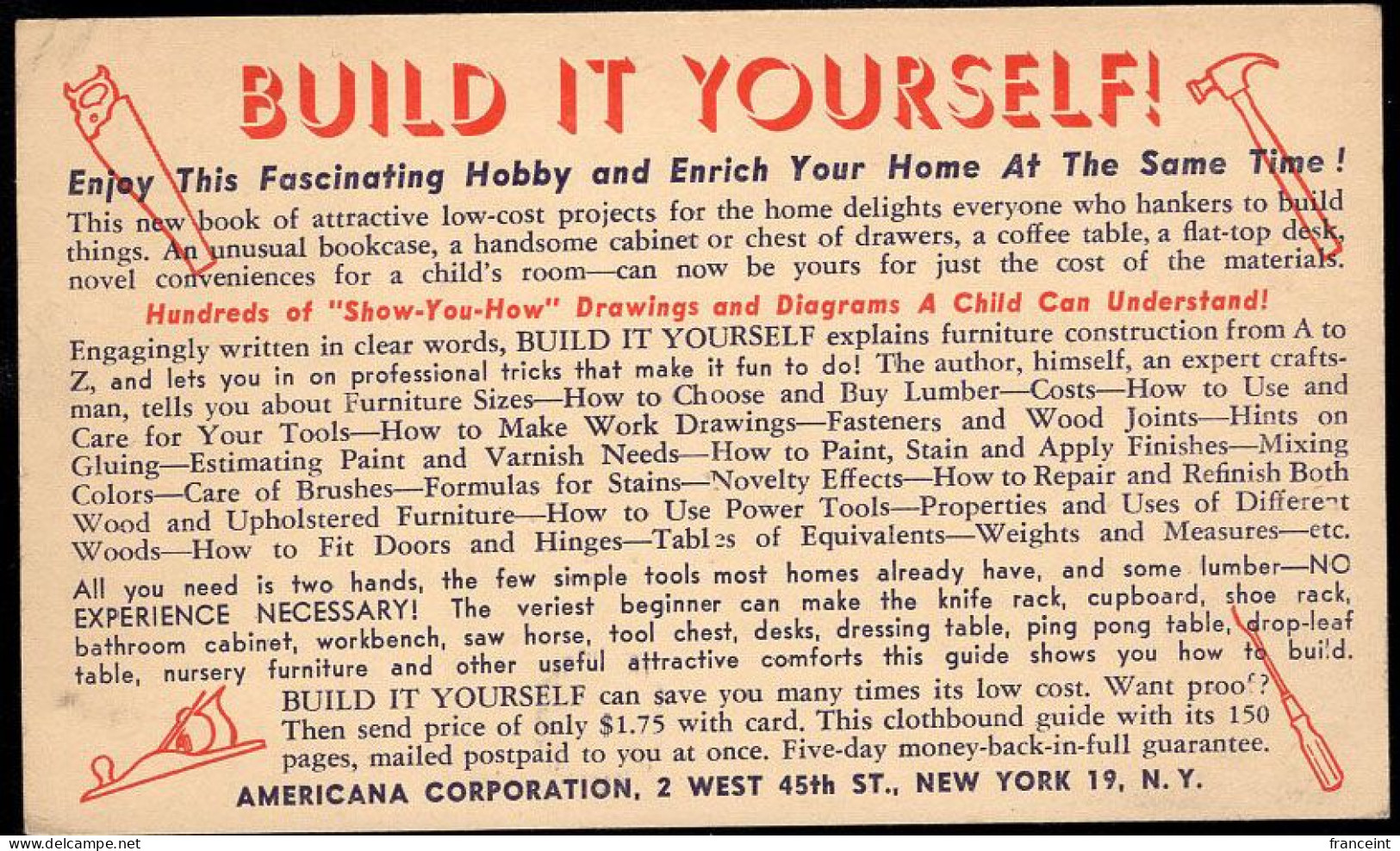 U.S.A.(1944) Saw. Hammer. Plane. Screwdriver. One Cent Postal Card With Illustrated Ad For Build-It-Yourself Home Carpen - 1941-60