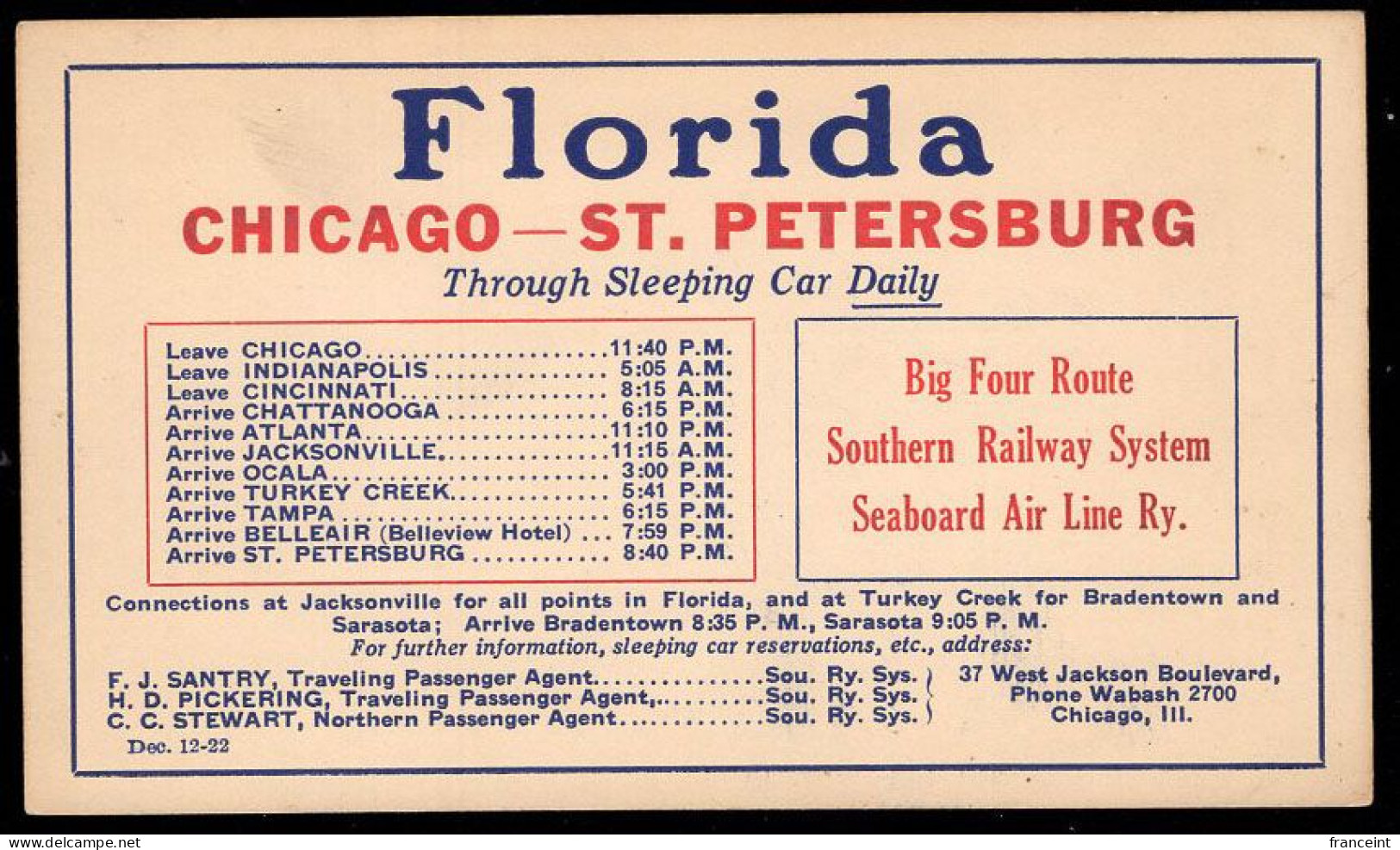 ETATS UNIS(1920) Chemin De Fer. Wagons Lits. Entier Publicitaire à 1 Cent Annonçant La Route De Chicago à St. Petersburg - 1901-20