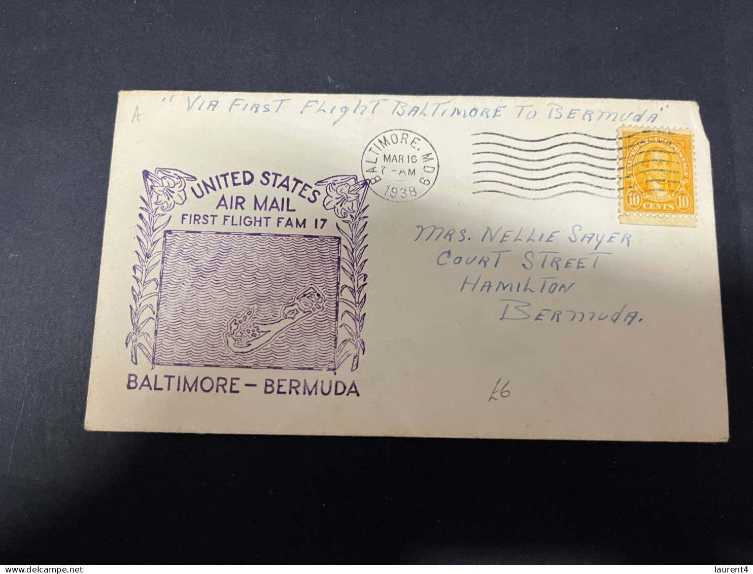 1-1-2024 (4 W 3) USA  - Air Mail - 1938 - First Flight FAM 17 - Baltimore - Bermuda - Sonstige (Luft)