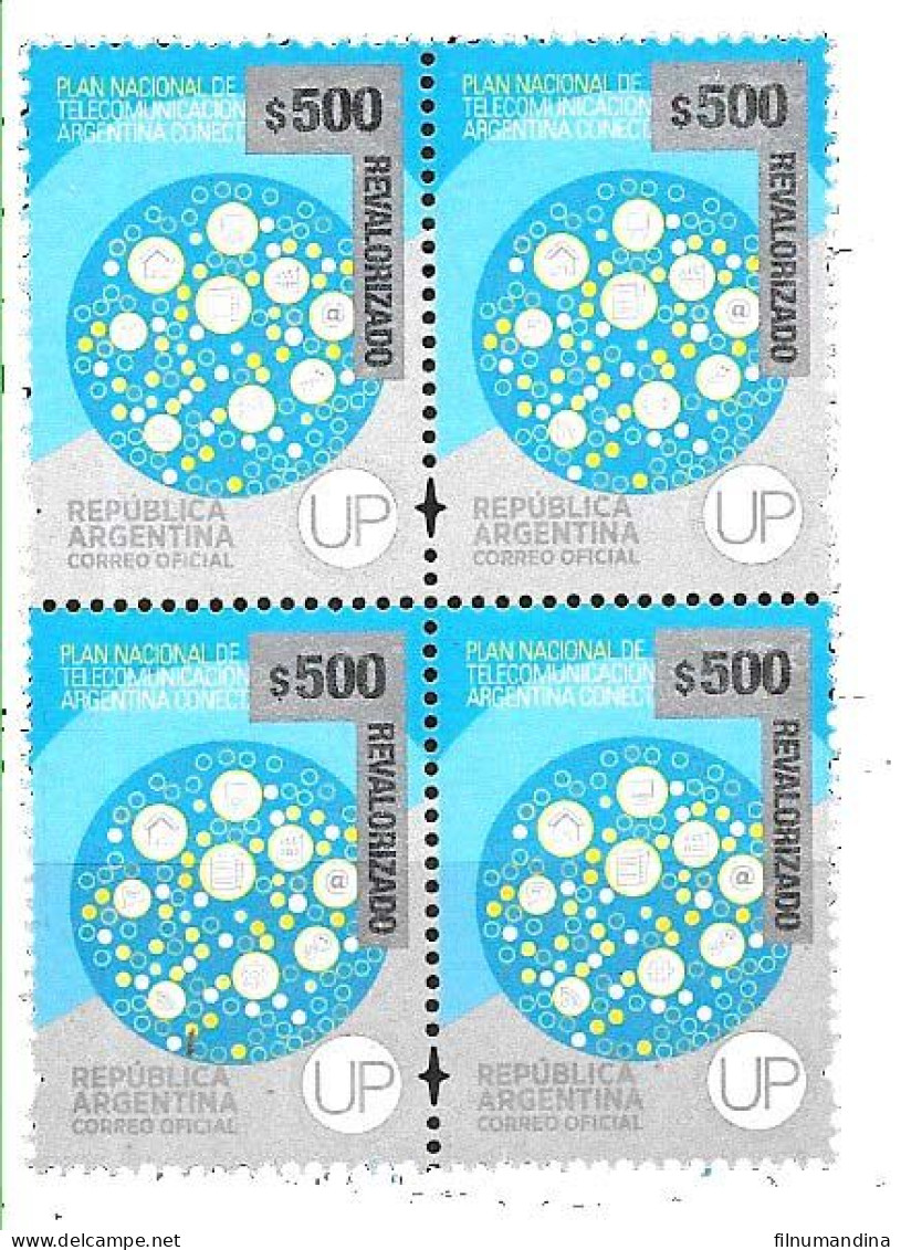 #75334 ARGENTINA 2023 NEW EMERGENCY OVERPRINTED REVALORIZADO DEFINITIVES 500 Ps UP TELECOM BLOC OF 4 MNH SCARCE - Neufs