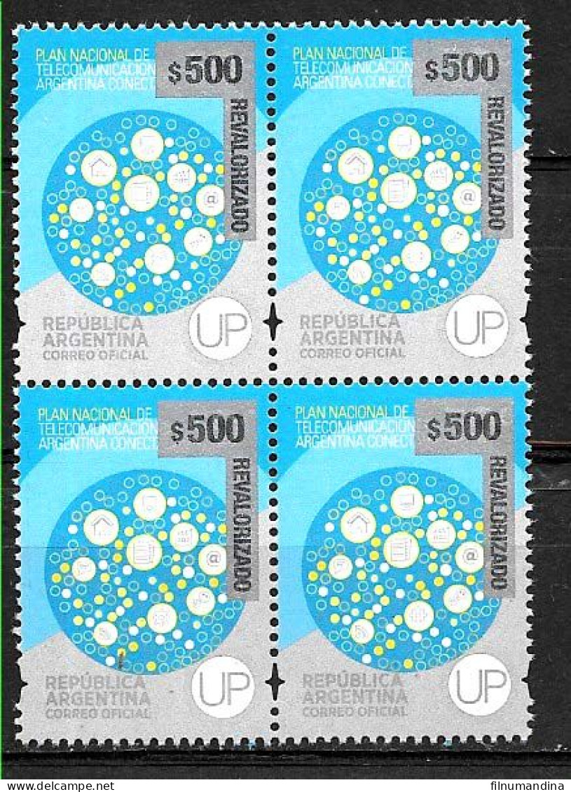 #75334 ARGENTINA 2023 NEW EMERGENCY OVERPRINTED REVALORIZADO DEFINITIVES 500 Ps UP TELECOM BLOC OF 4 MNH SCARCE - Neufs