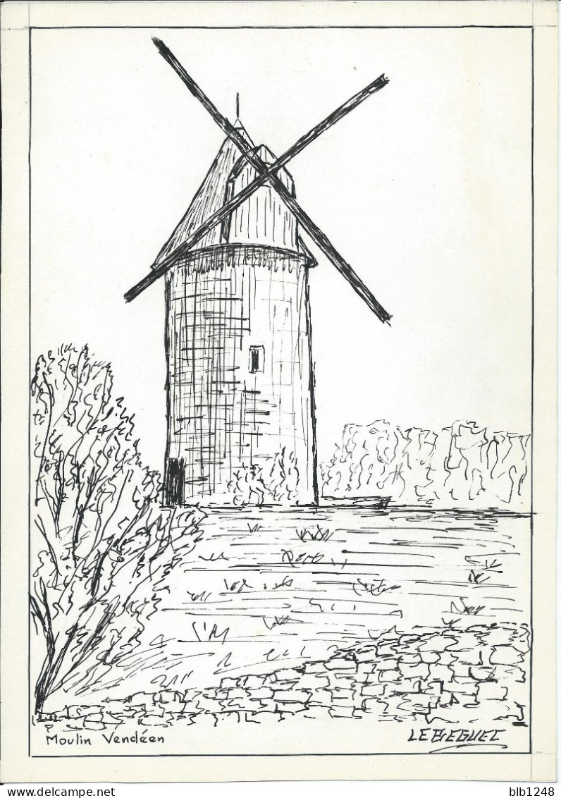 Art & Antiquités > Tableaux > Dessins  Vendée Moulin Vendeen Veritable Encre Originale   De Bernard Le Beguec - Zeichnungen